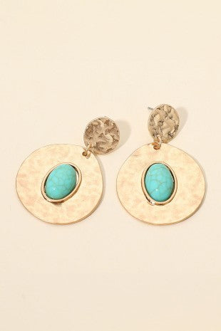 Oval Stone Center Hammered Disc Dangle Earrings