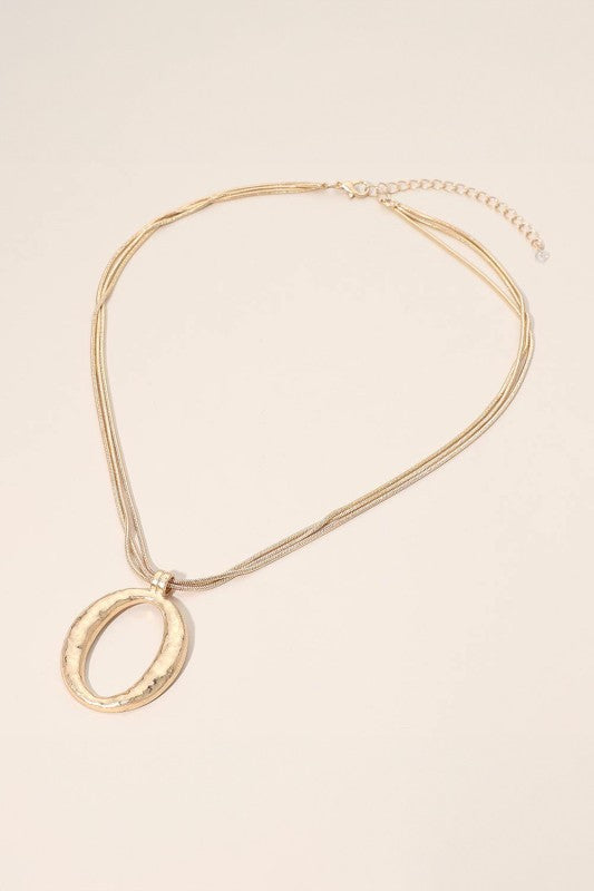 Hammered Metal Open Oval Layered Chain Necklace