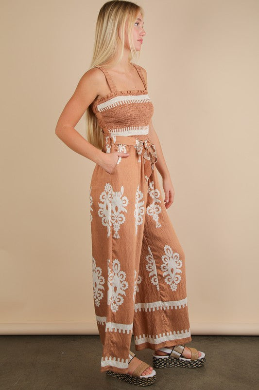 Boho Printed Smocking Detail Jumpsuit
