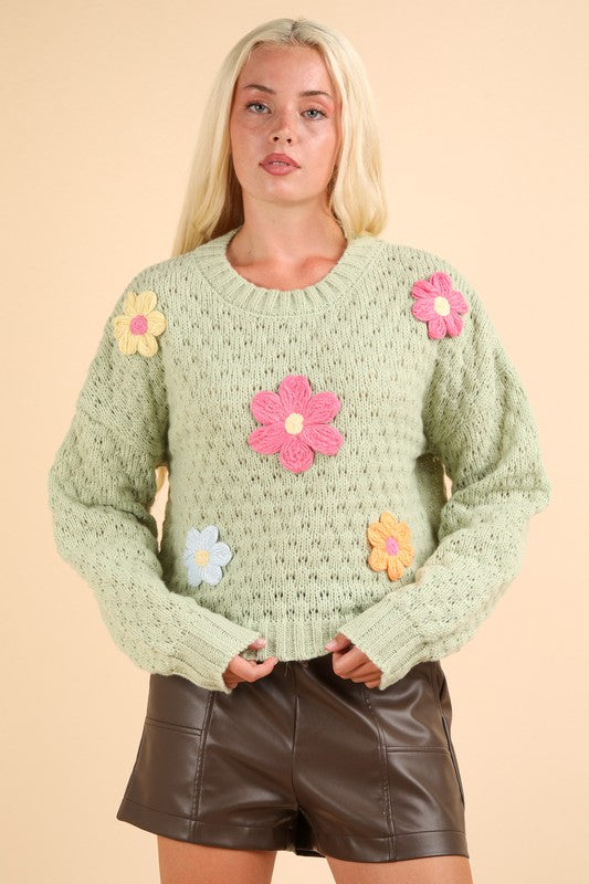 Hand Made Flower Applique Knit Sweater Top