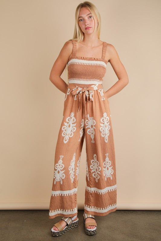Boho Printed Smocking Detail Jumpsuit