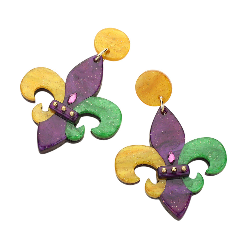Glittered Resin Mardi Gras Fleur de Lis Dangle Earrings