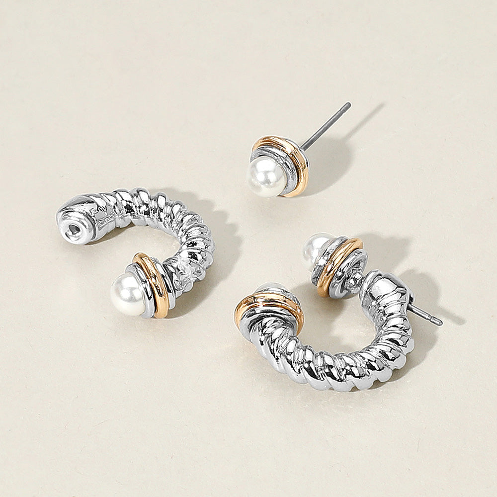 Pearl Tip Two Tone Twisted Metal Ear Jacket Earrings