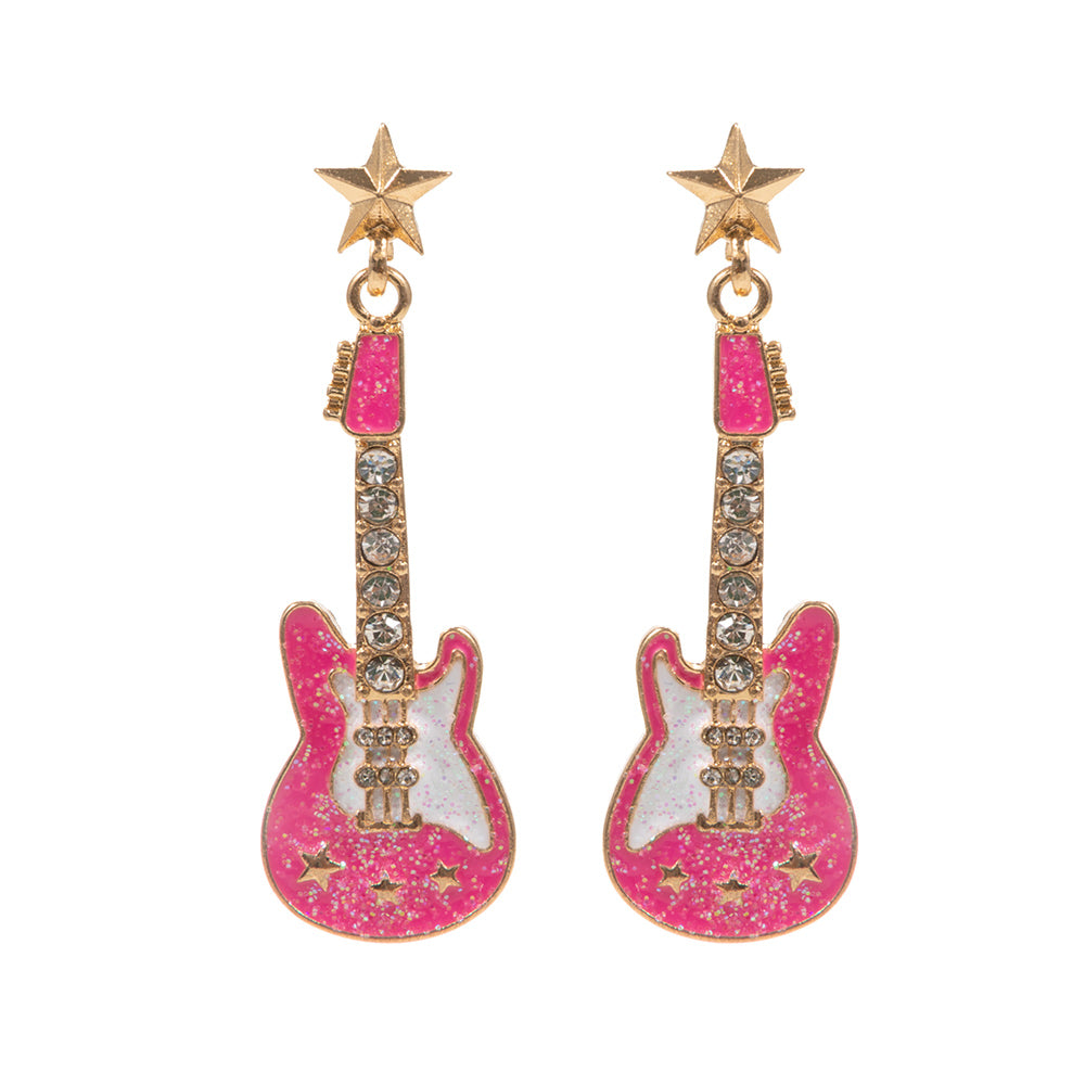Stone Embellished Glittered Enamel Guitar Dangle Earrings