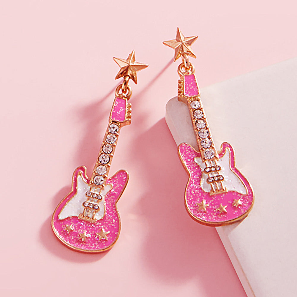 Stone Embellished Glittered Enamel Guitar Dangle Earrings