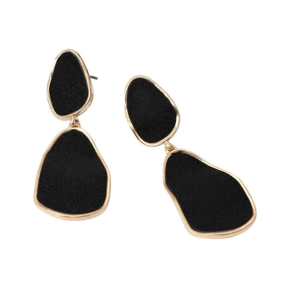 Faux Leather Metal Abstract Plate Link Dangle Earrings