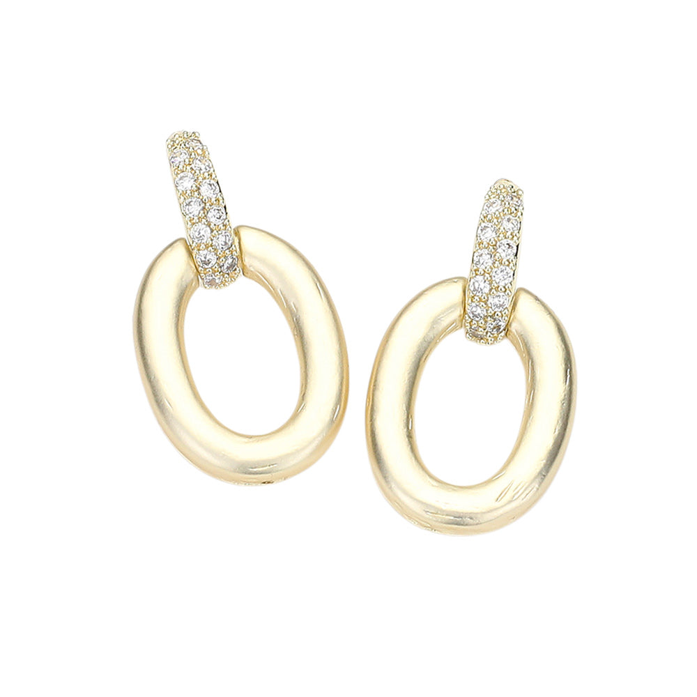 14K Gold Plated CZ Stone Paved Link Hammered Oval Earrings