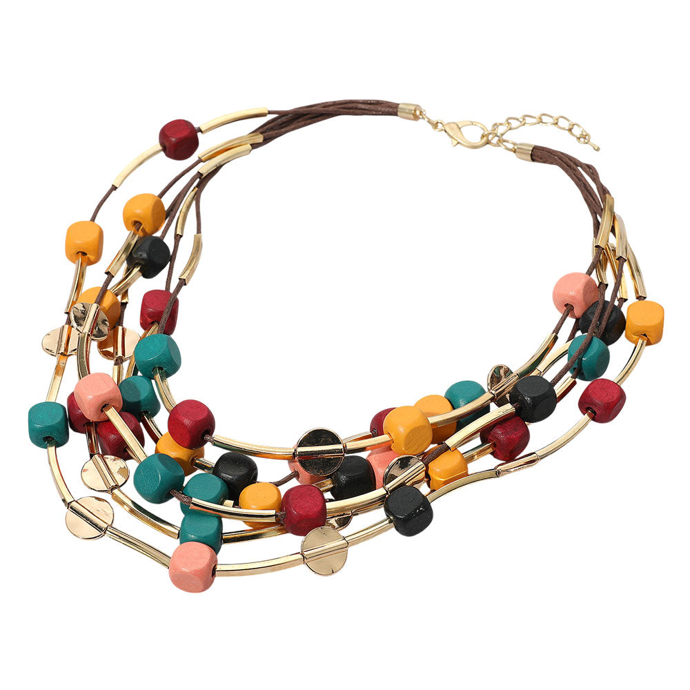 Wooden Cube Beaded Layered Statement Necklace
