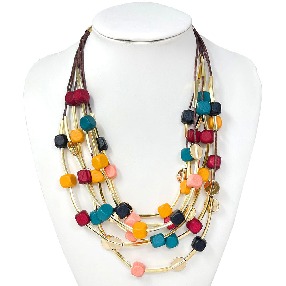 Wooden Cube Beaded Layered Statement Necklace