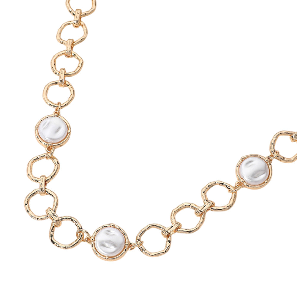 SECRET BOX_Hammered O Ring Pearl Cluster Link Necklace