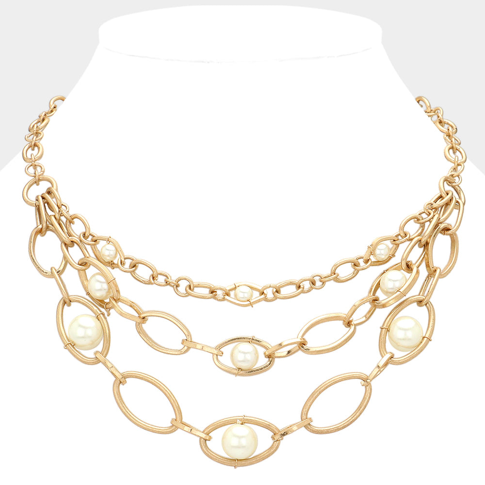 Pearl Pointed Open Oval Metal Link Layered Necklace