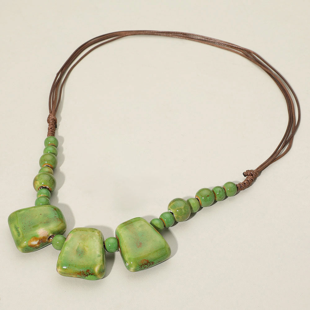 Boho Resin Pebble Beaded Adjustable Cord Necklace