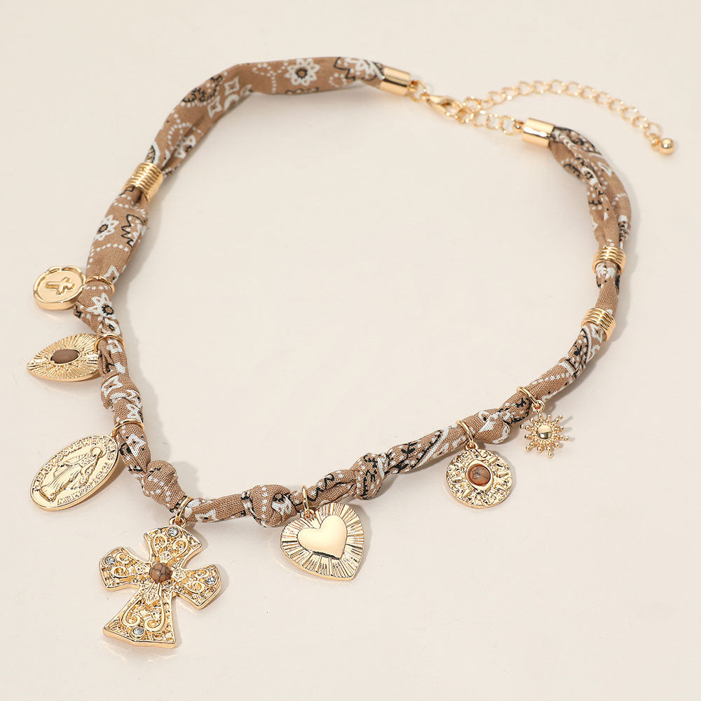 Boho Cross Heart Religious Charm Fabric Braided Necklace