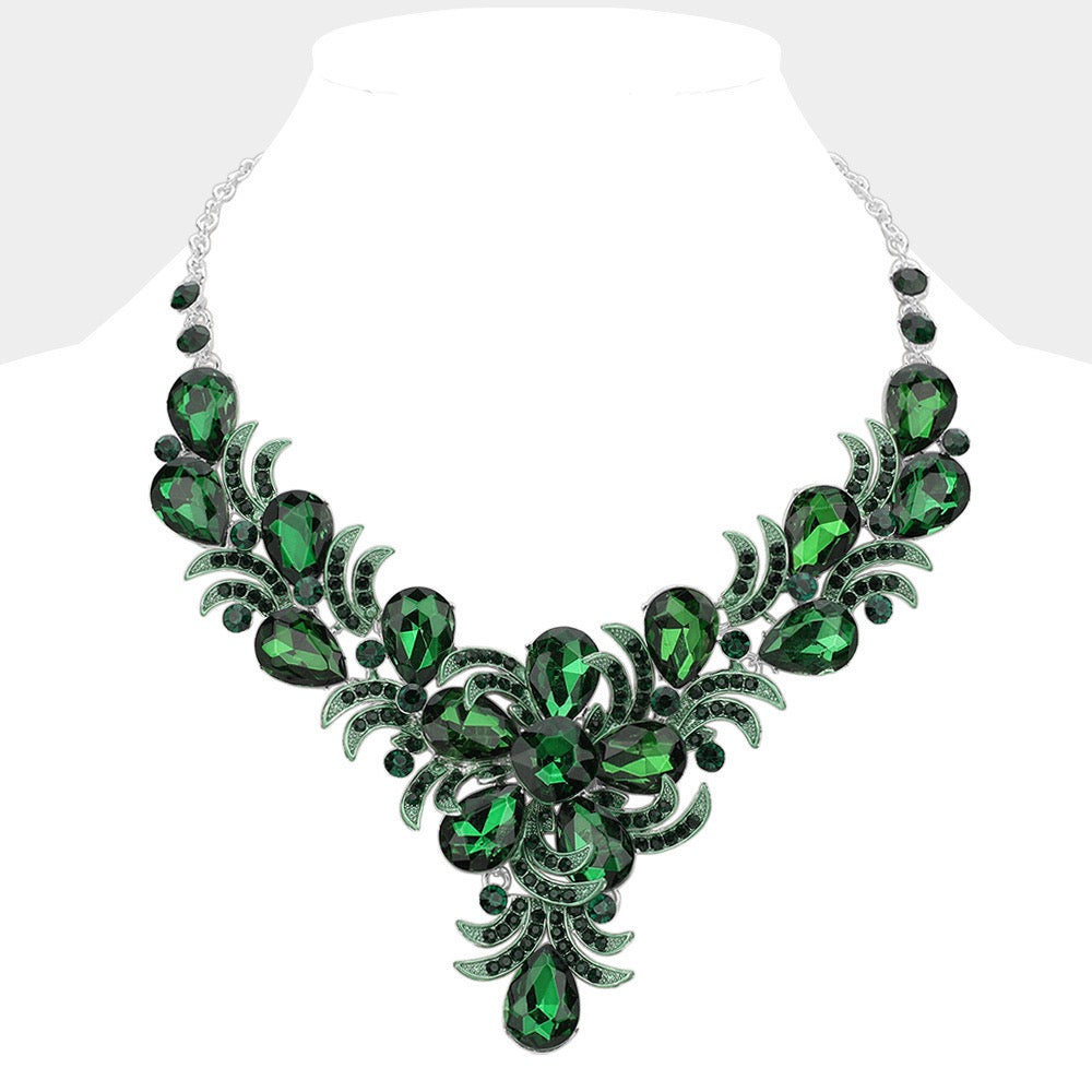 Teardrop Glass Stone Flower Pointed Evening Necklace Emerald