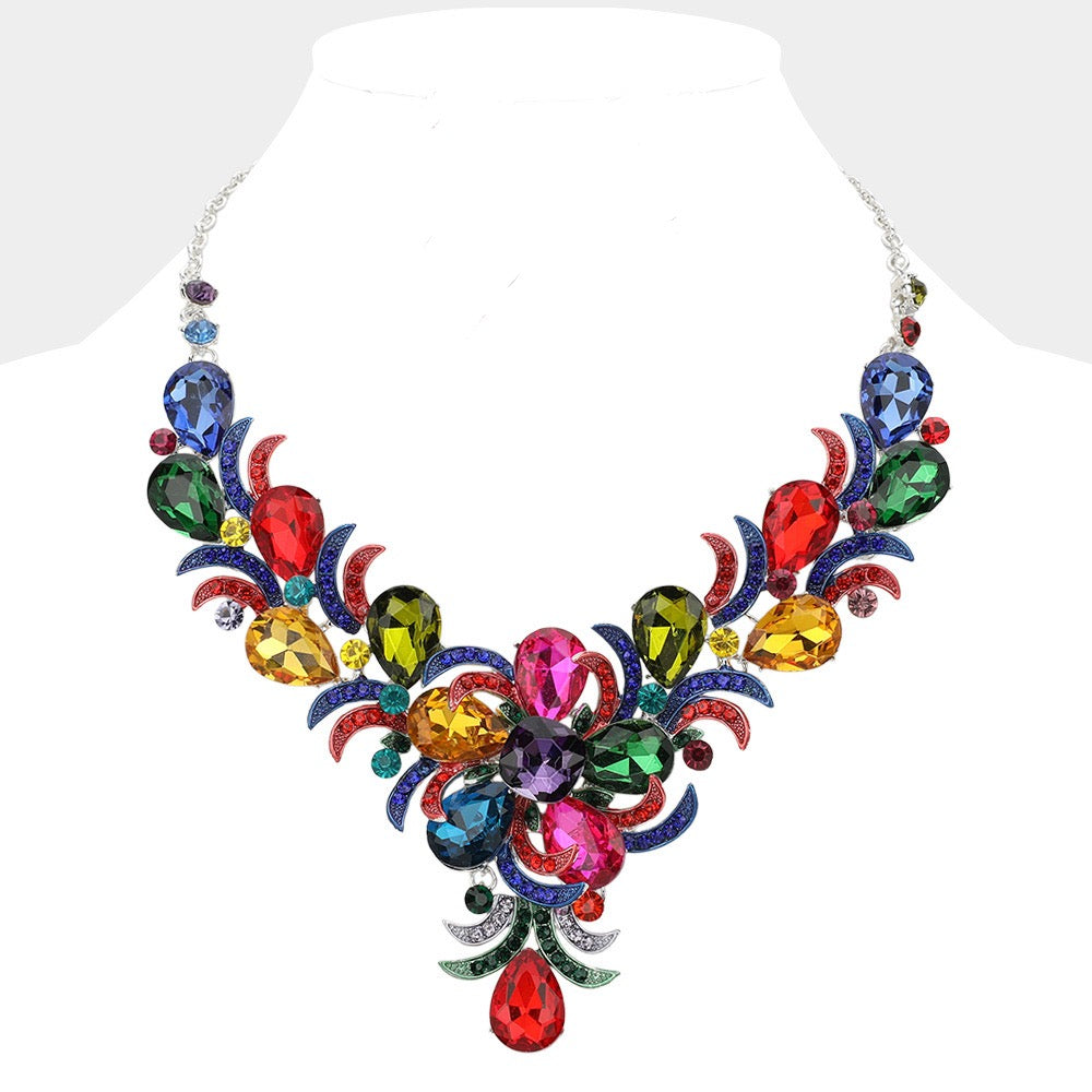 Teardrop Glass Stone Flower Pointed Evening Necklace