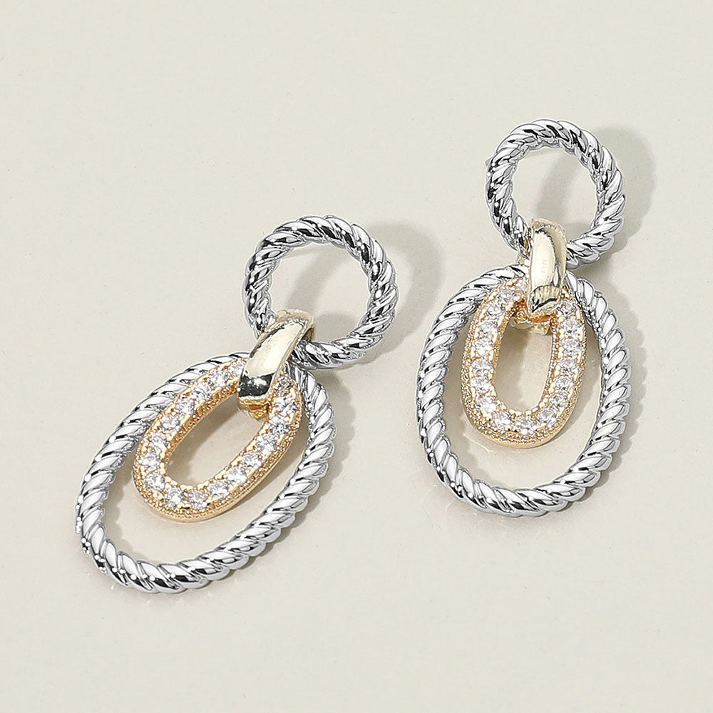 14K Gold Plated CZ Stone Paved Oval Center Twisted Layered Oval Dangle Earrings