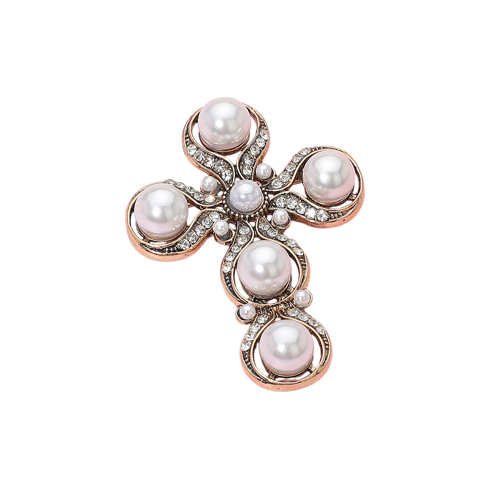 Rhinestone Paved Pearl Antique Cross Pin Brooch