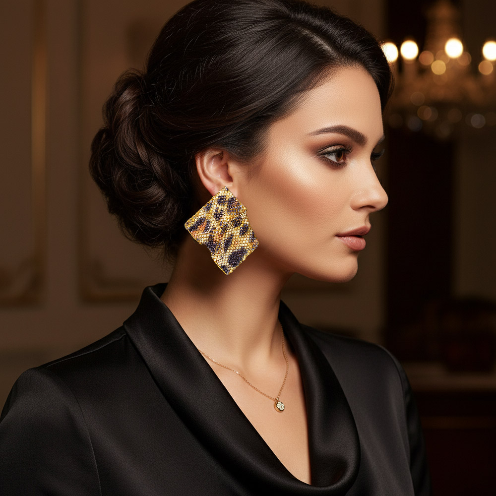 Bling Studded Leopard Pattern Abstract Plate Earrings