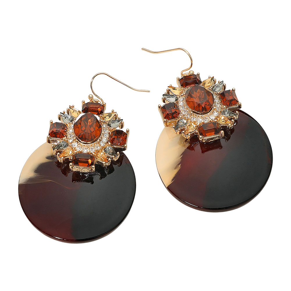 Stone Embellished Vintage Resin Round Drop Dangle Earrings