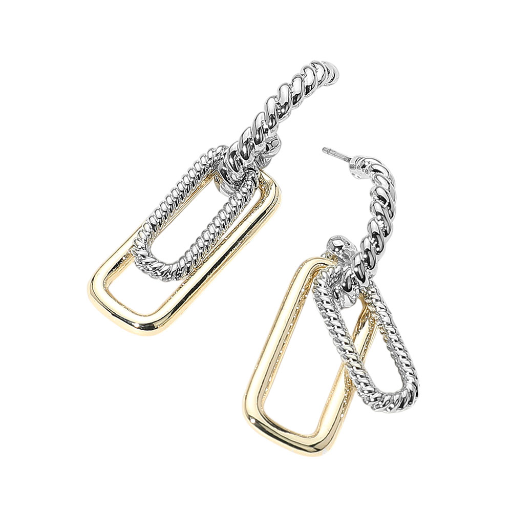 14K Gold Plated Two Tone Textured Link Drop Earrings