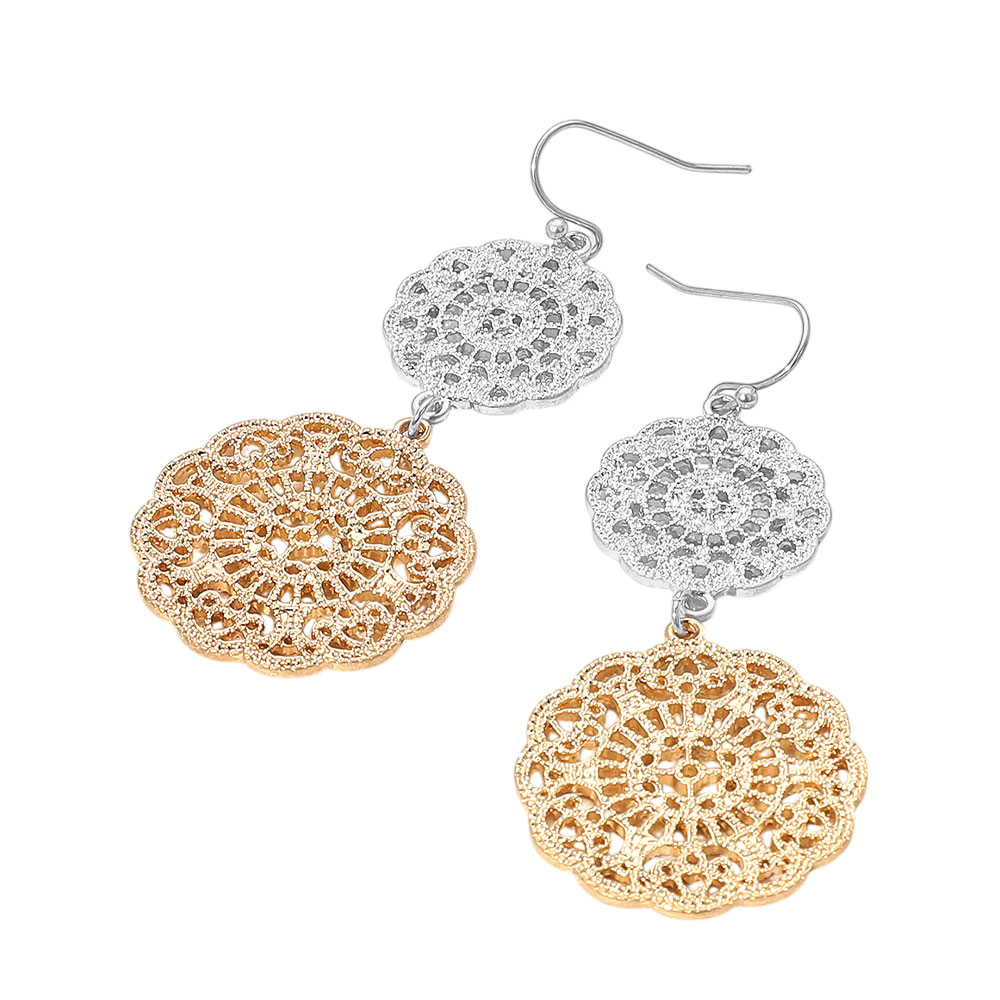 Double Metal Filigree Medallion Link Drop Earrings
