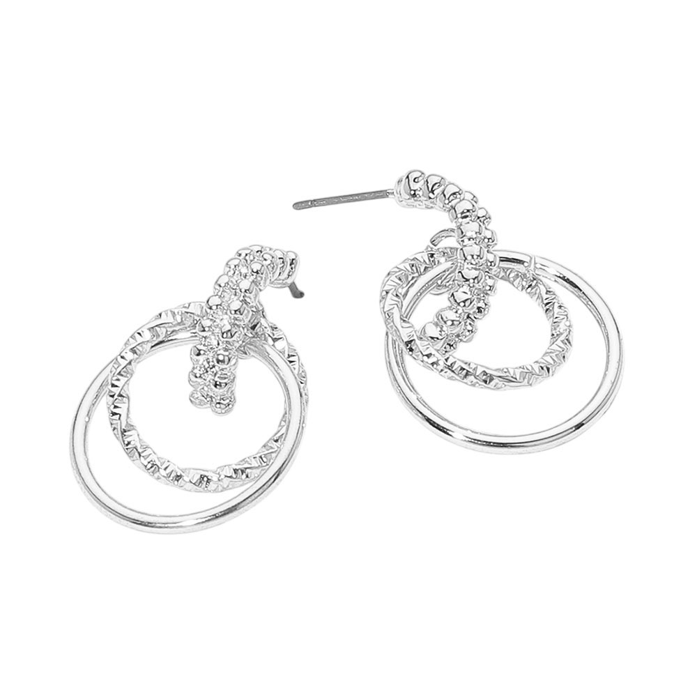 Textured Metal Double Circle Link Drop Earrings