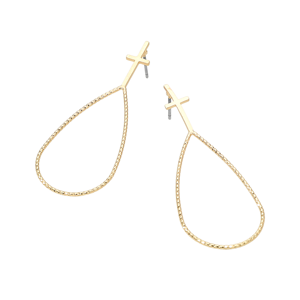 Metal Cross Top Textured Open Teardrop Earrings