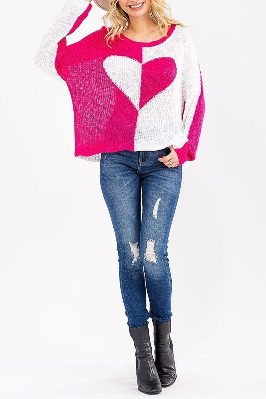 Colorblock Heart Print Knit Pullover Sweater
