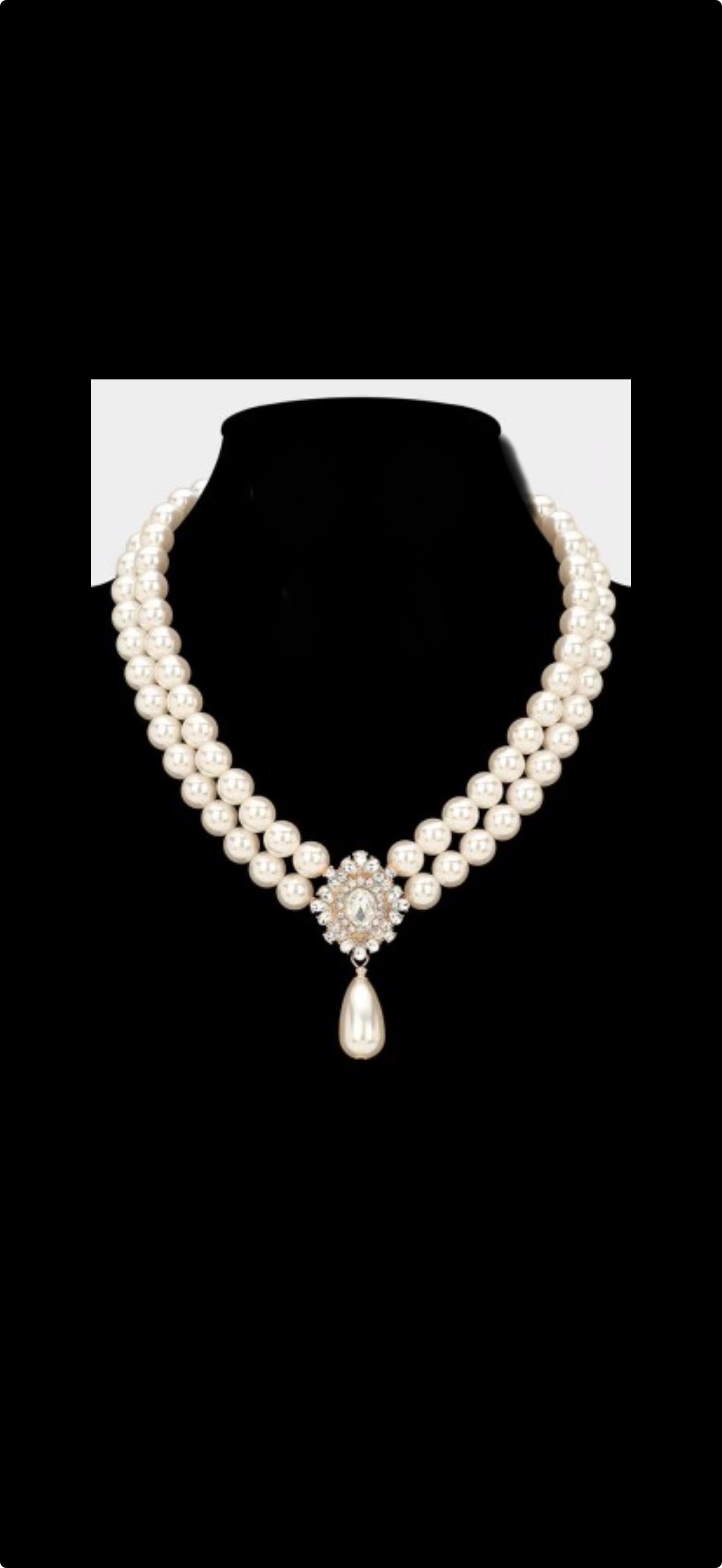Glamours Oval Rhinestone Double Pearl Necklace