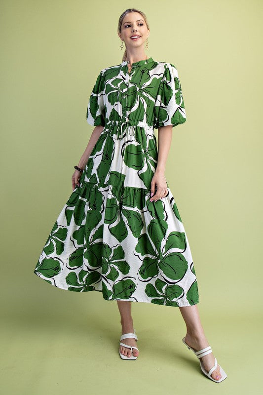 Bold Floral Print Tiered Midi Dress