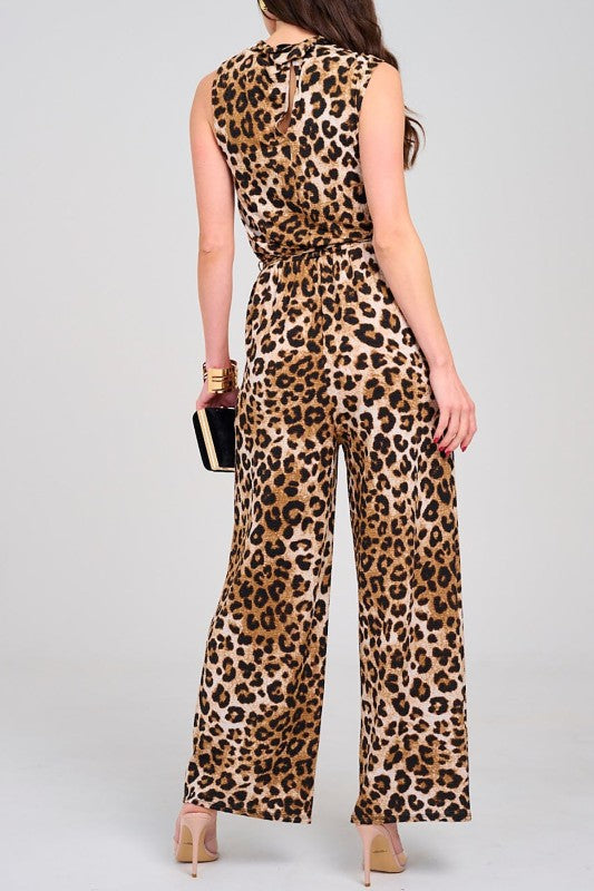 Animal Print Elastic Waist Cowl Neck Jumpsuit
