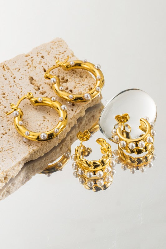 Stainless Steel Small Pearl Huggie Hoop Earrings