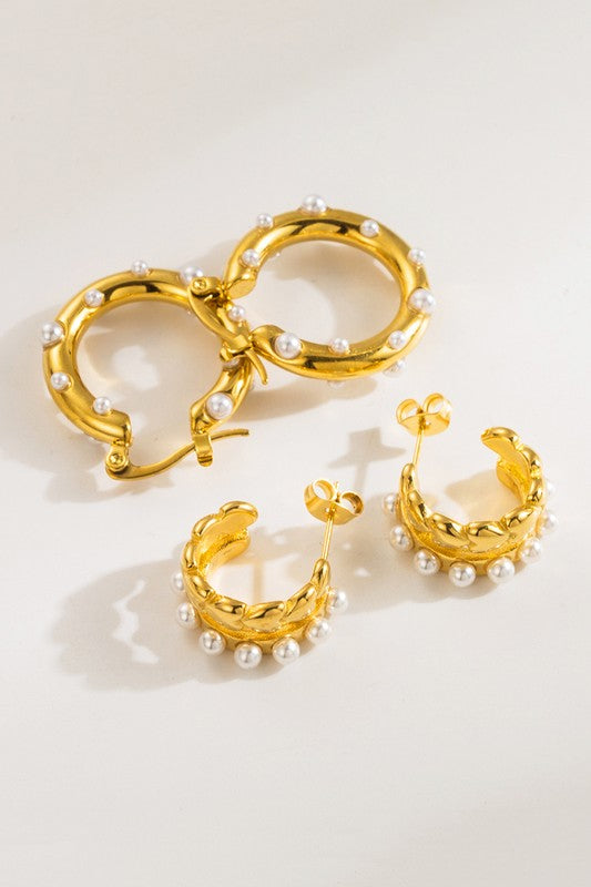 Stainless Steel Small Pearl Huggie Hoop Earrings