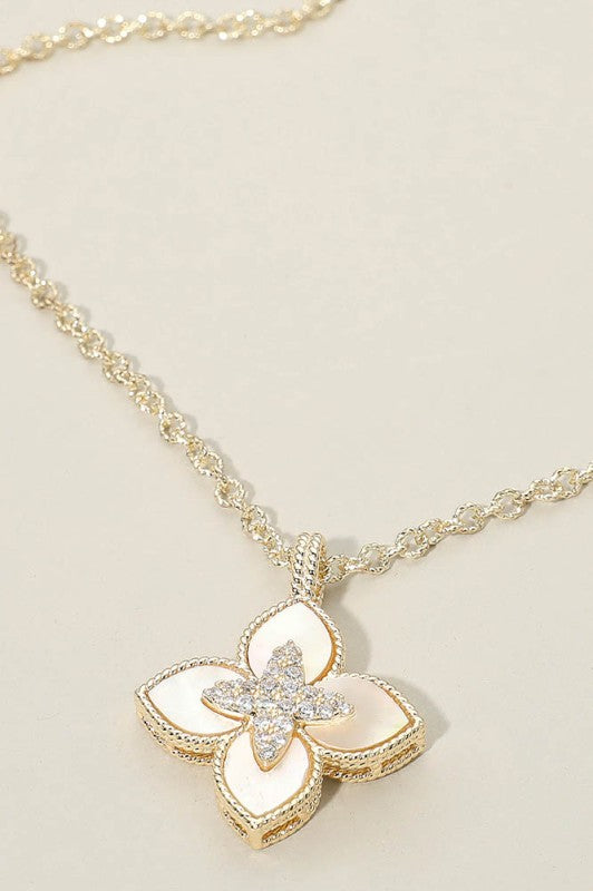14k Cz Paved Mother Of Pearl Clover Necklace