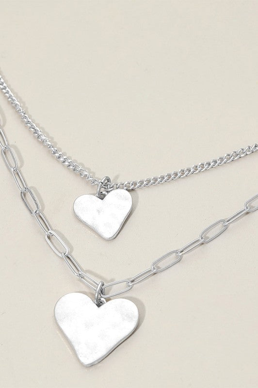 Hammered Metal Heart Double Layered Necklace