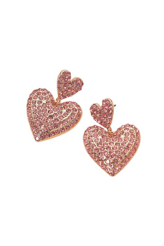 Rhinestone Paved Double Heart Drop Dangle Earrings