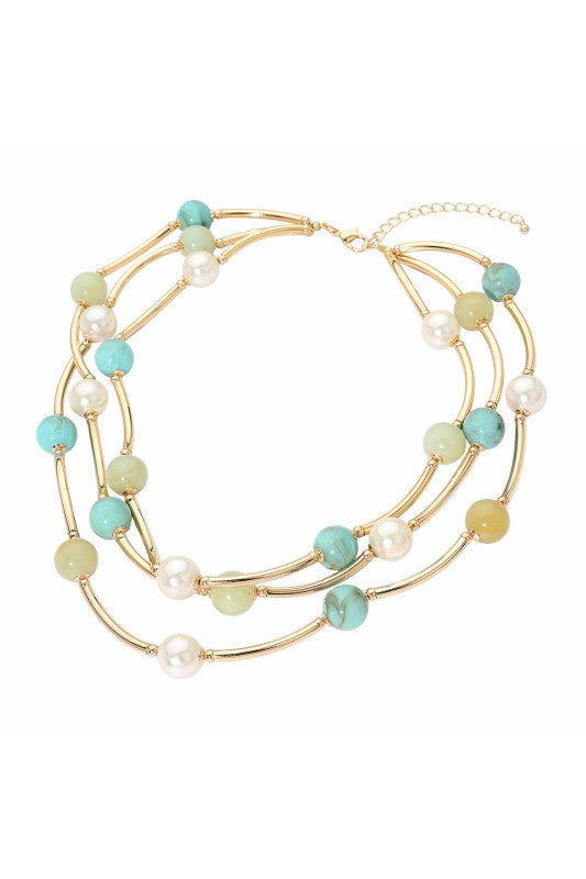 Resin Ball Pearl Metal Bar Double Strand Necklace