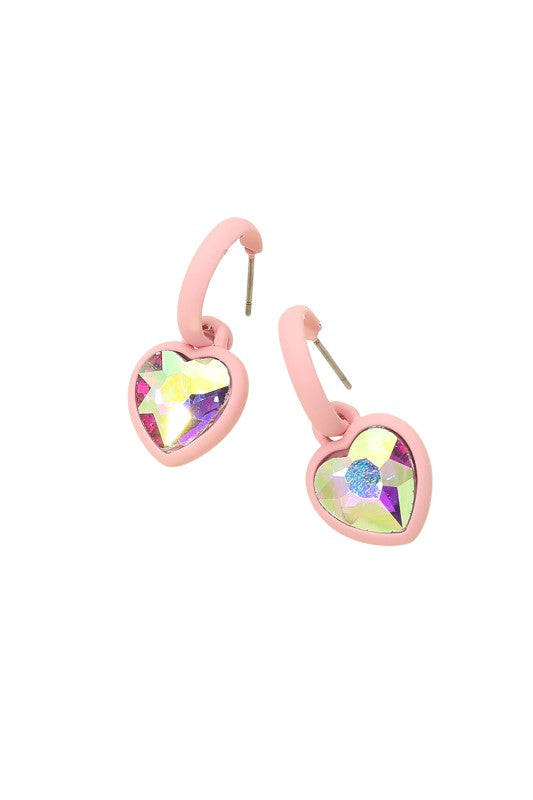 Heart Stone Charm Drop Hoop Earrings