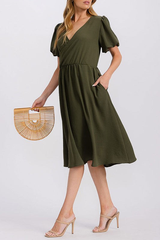 Puff Sleeve Surplice Pocket Detail Midi Dress