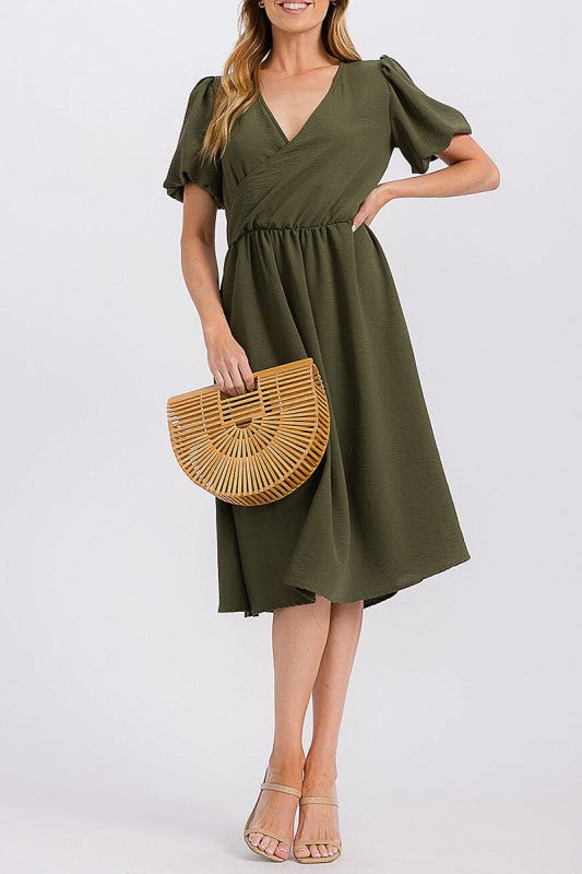 Puff Sleeve Surplice Pocket Detail Midi Dress