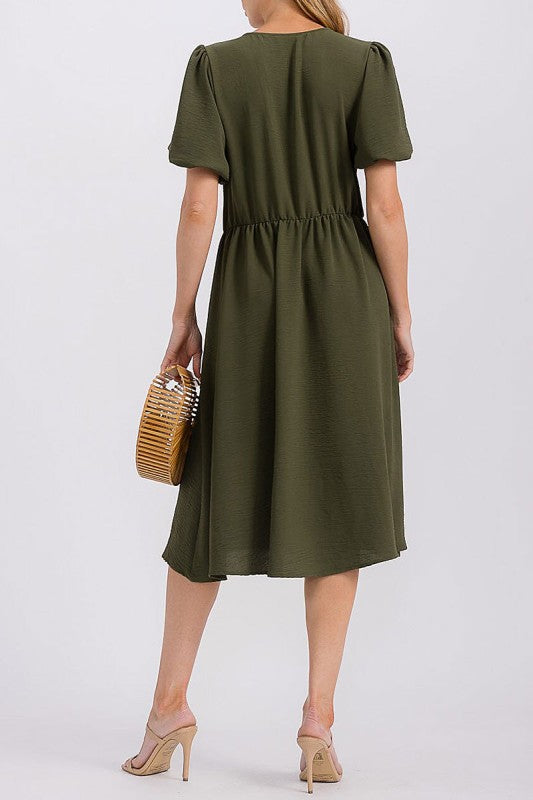 Puff Sleeve Surplice Pocket Detail Midi Dress