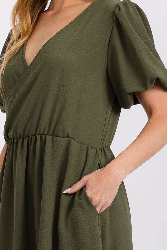 Puff Sleeve Surplice Pocket Detail Midi Dress