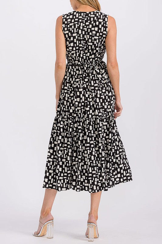 Geo Print V Neck Tiered Layered Midi Dress