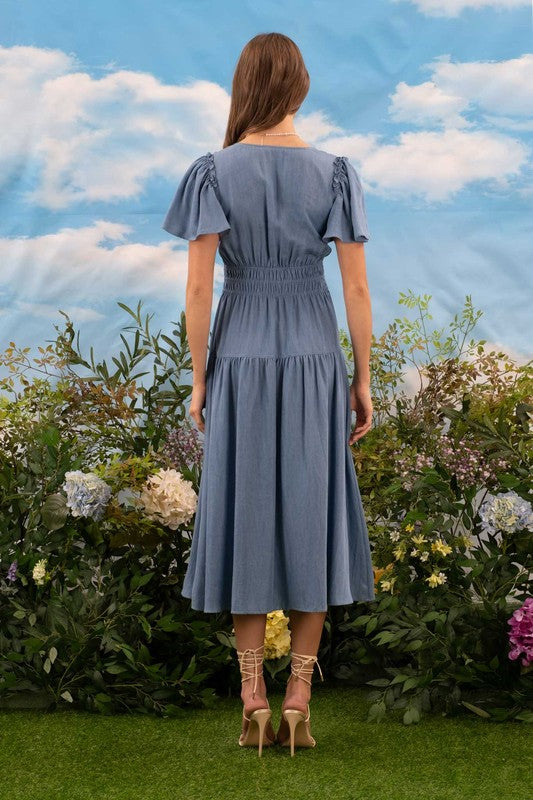 V Neck Empire Waist Short Sleeve Midi Dress