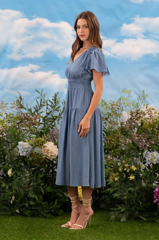 V Neck Empire Waist Short Sleeve Midi Dress