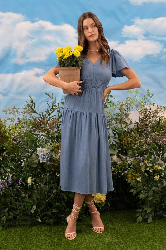 V Neck Empire Waist Short Sleeve Midi Dress