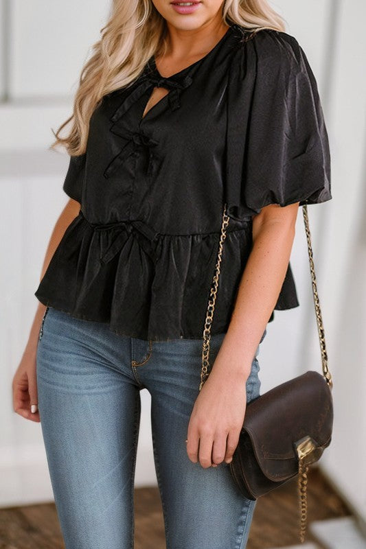 Puff Sleeve Bowknot Front Peplum Blouse