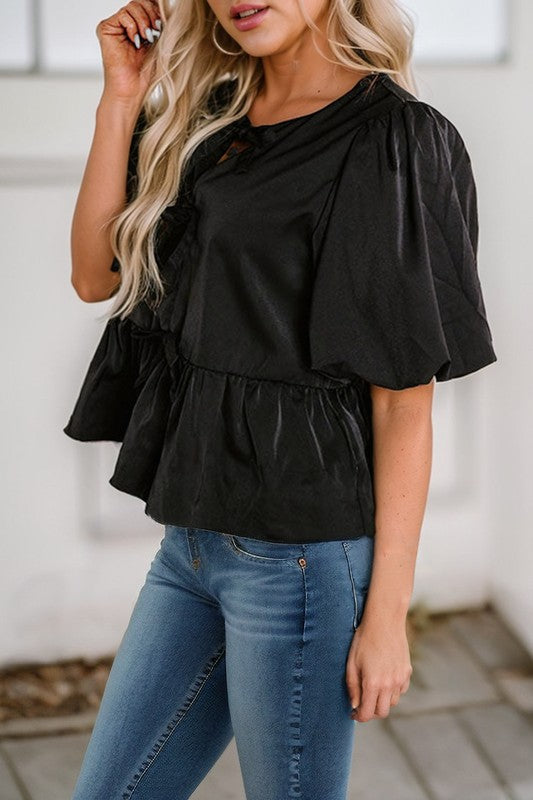 Puff Sleeve Bowknot Front Peplum Blouse