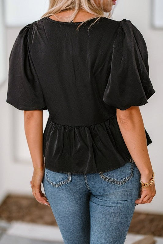 Puff Sleeve Bowknot Front Peplum Blouse