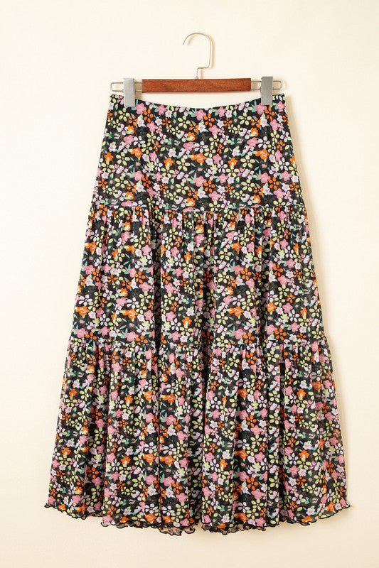 Leopard Floral Reversible Ruffle Hem Maxi Skirt